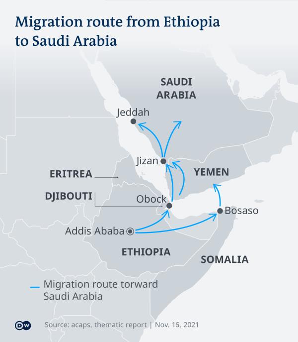 migration routes from ethiopia to saudi arabia | graphic: dw
