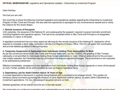 圣多美和普林西比移民三大政策更新：视频见证、终止多国籍人士、成年子女依附